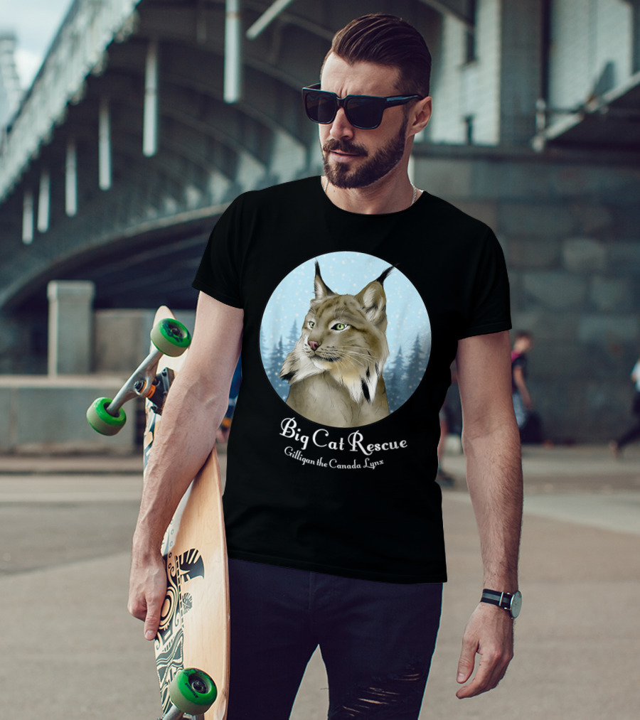 Big Cat Rescue Gilligan The Canada Lynx Snowy Forest Background T-Shirt