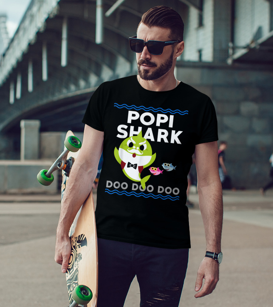 Popi Shark Doo Doo Doo Mustached Bowtie Shark With Cute Colorful Fish T-Shirt