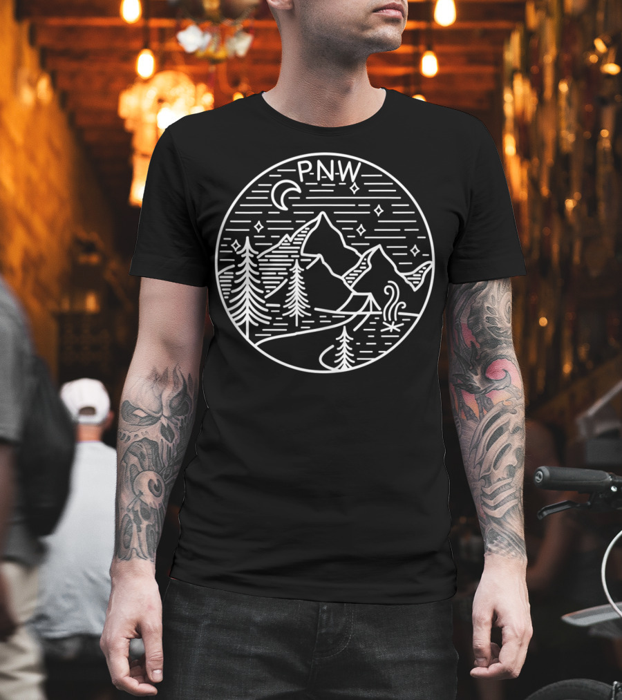 P.N.W. Pacific Northwest Outdoors Trees Mountains Night Sky T-Shirt