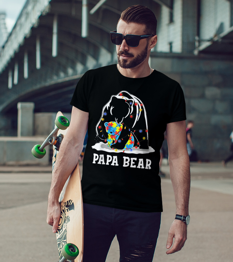 Papa Bear Autism Awareness Puzzle Piece Lights T-Shirt