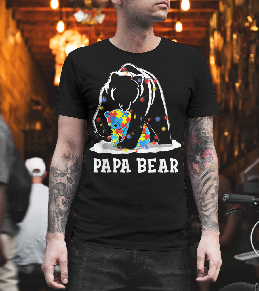 Papa Bear Autism Awareness Puzzle Piece Lights T-Shirt
