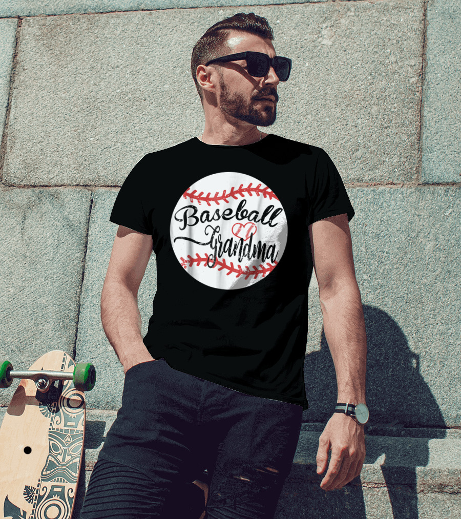 Baseball Grandma With Heart Stitching Baseball T-Shirt