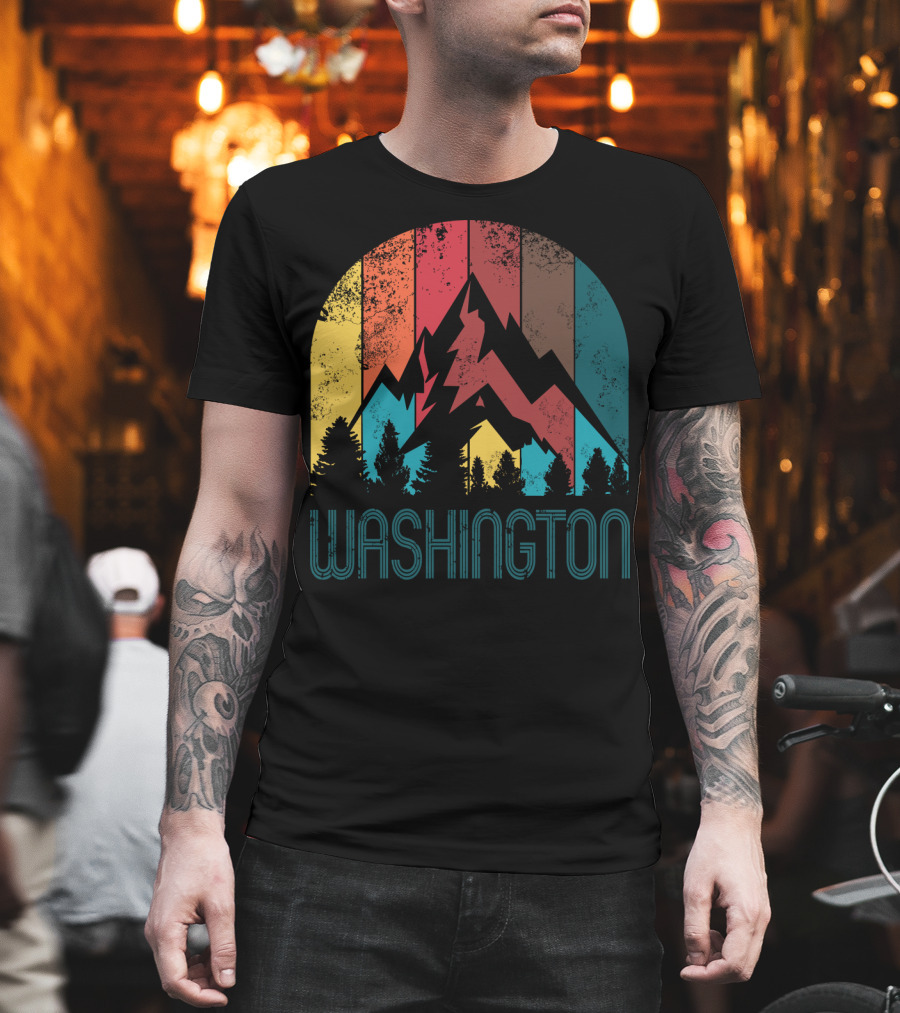 Washington Retro Mountain Landscape Forest Silhouette Vintage Multicolor Stripes T-Shirt
