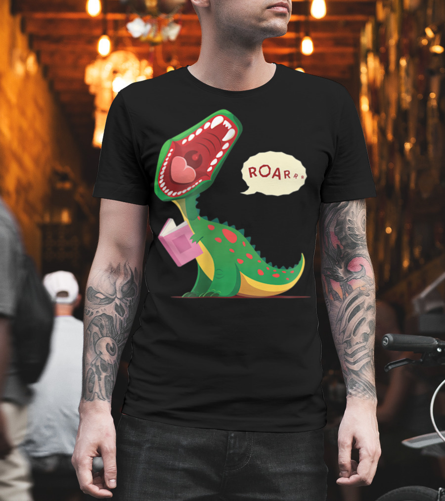 Roar Trex Dinosaur Holding Pink Book And Heart Inside Mouth T-Shirt