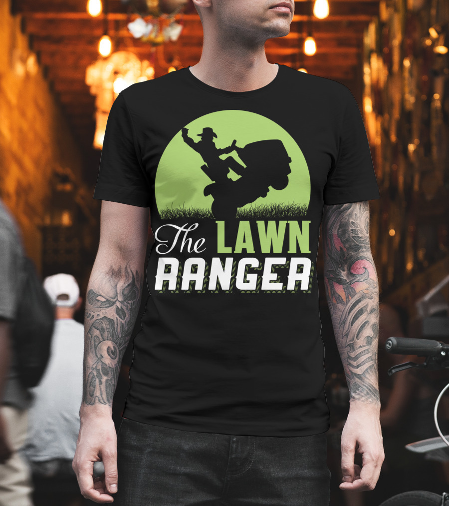 The Lawn Ranger Funny Mowing Cowboy on Ride-On Lawnmower T-Shirt