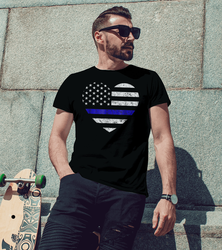 Thin Blue Line American Flag Heart Police Support T-Shirt