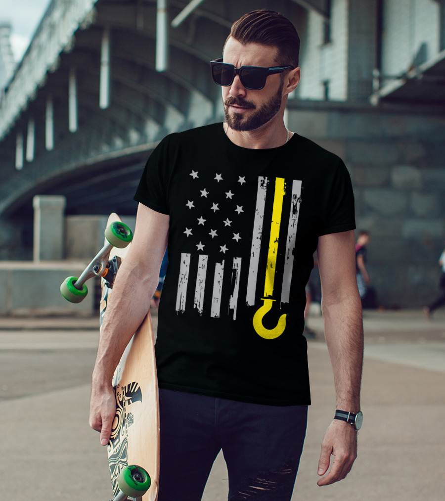Tow Truck Driver American Flag Yellow Line Hook T-Shirt