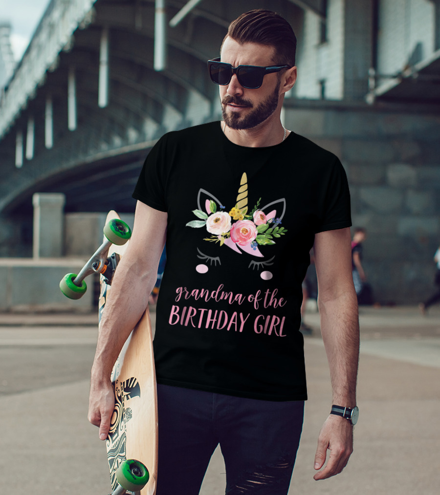 Grandma Of The Birthday Girl Unicorn Floral Horn Ears T-Shirt