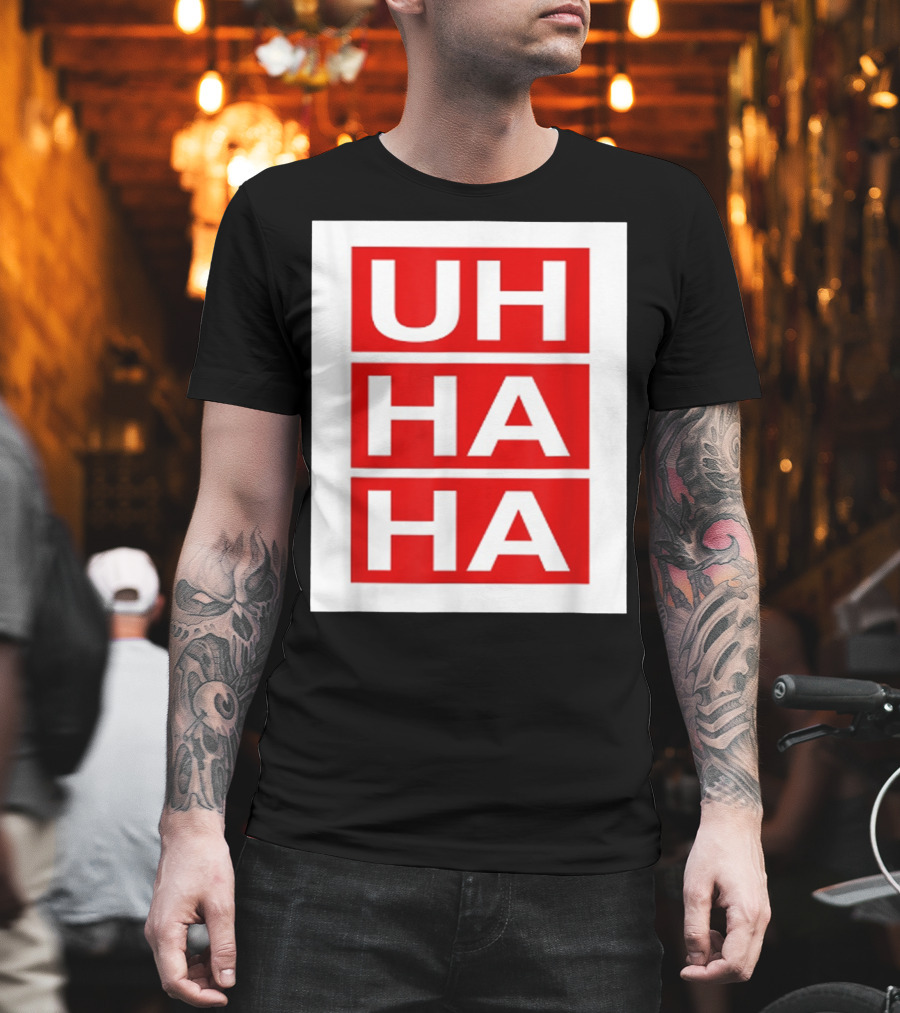UH HA HA Graphic on Red Blocks T-Shirt