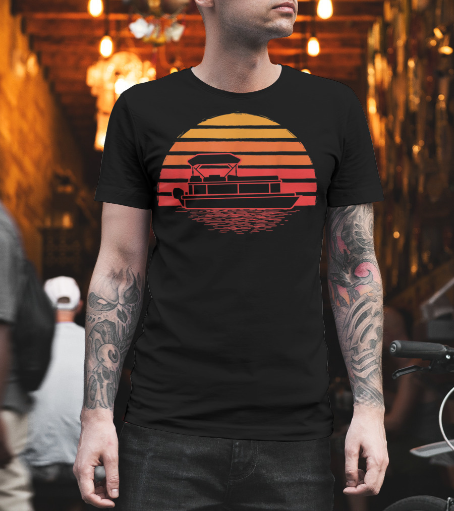 Vintage Pontoon Boat Silhouette Sunset Retro Vibes T-Shirt