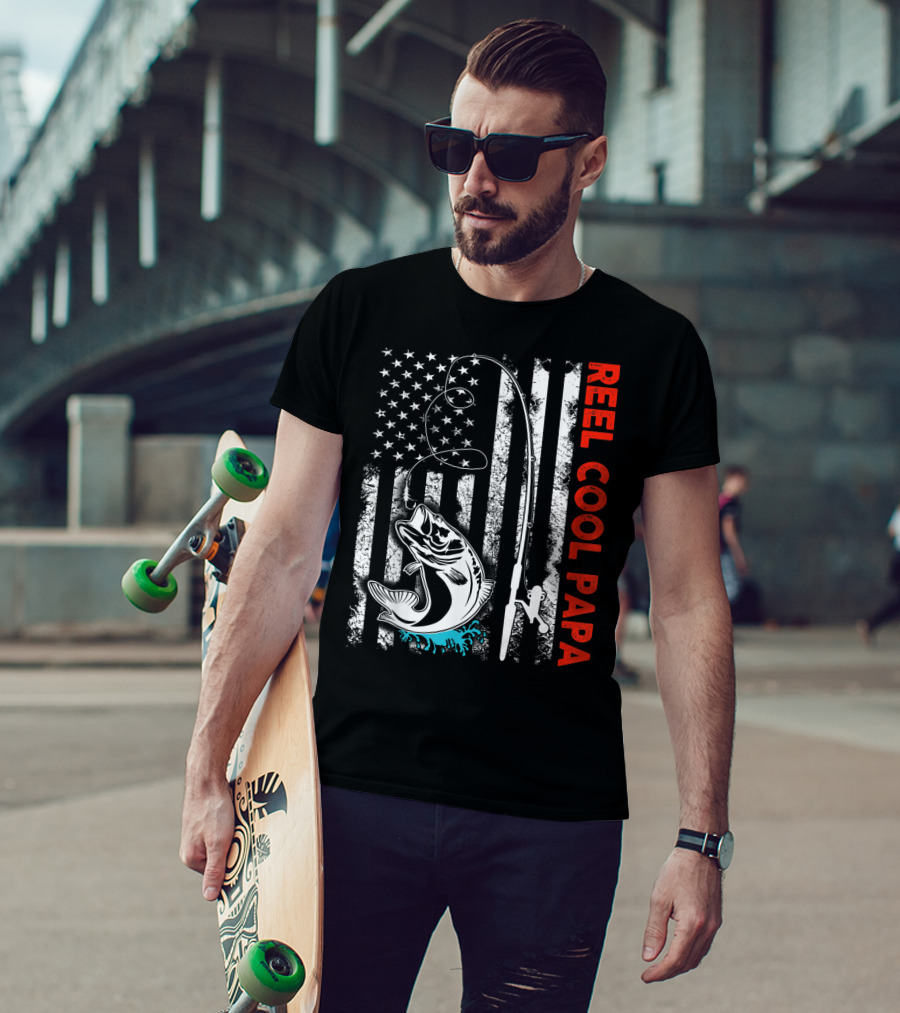 Reel Cool Papa American Flag Fishing Family Fun T-Shirt