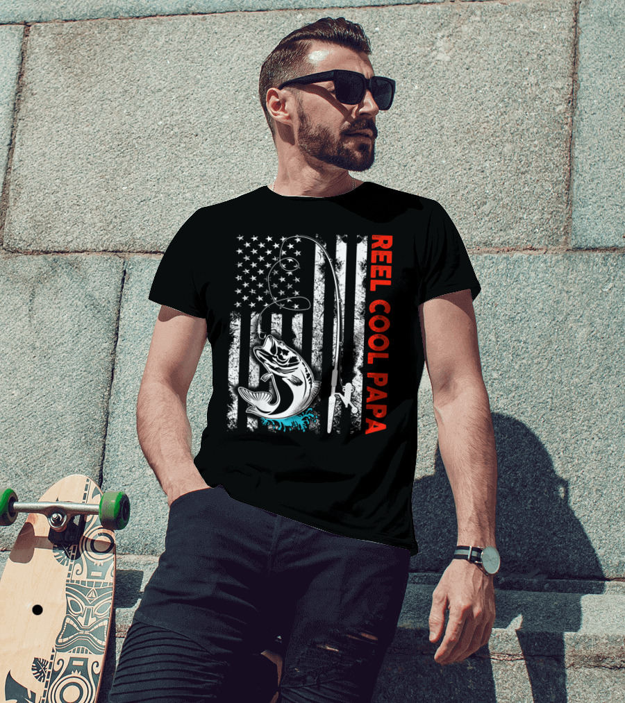 Reel Cool Papa American Flag Fishing Family Fun T-Shirt