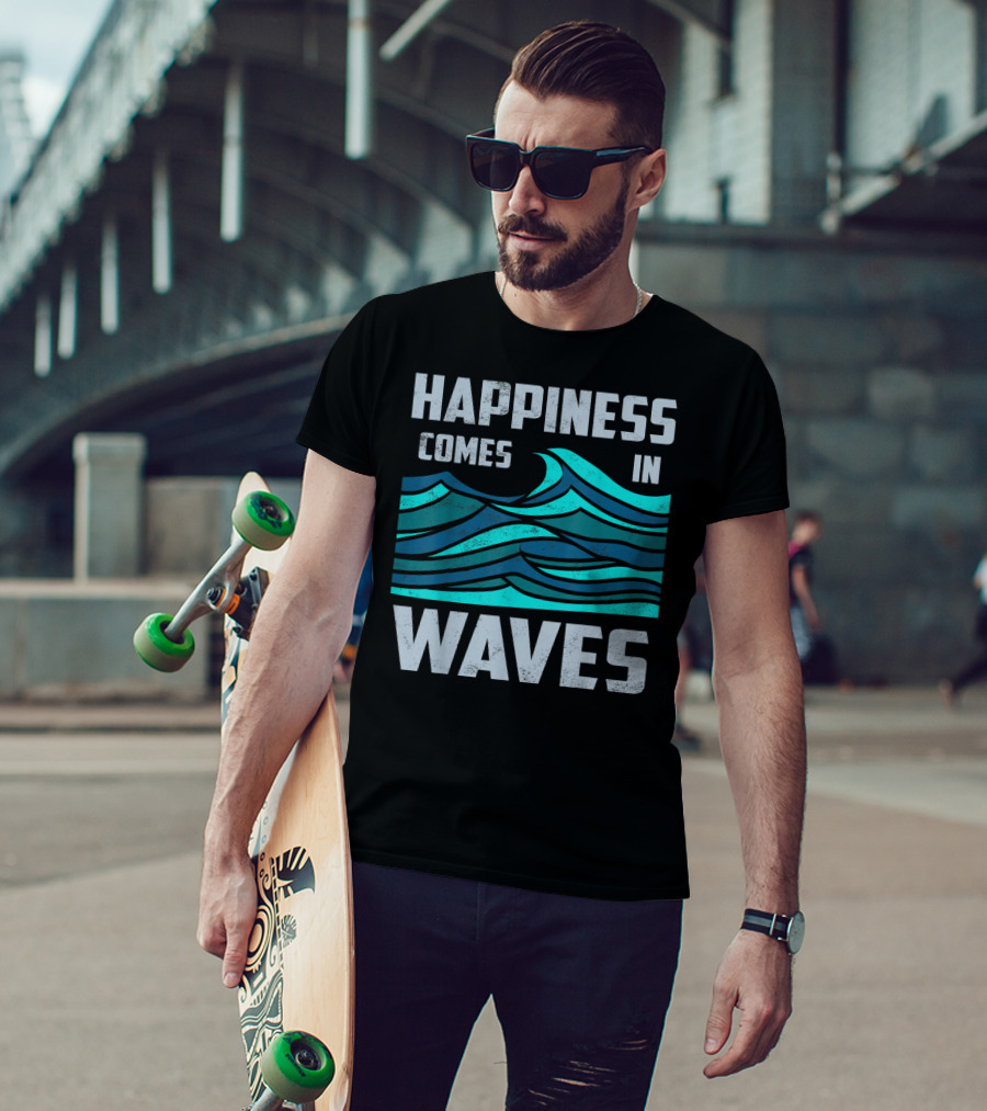 Happiness Comes In Waves Cool Vintage Surfer Wave Motif T-Shirt