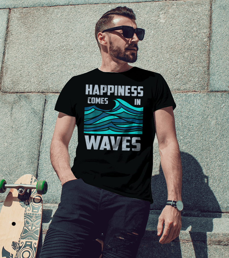 Happiness Comes In Waves Cool Vintage Surfer Wave Motif T-Shirt
