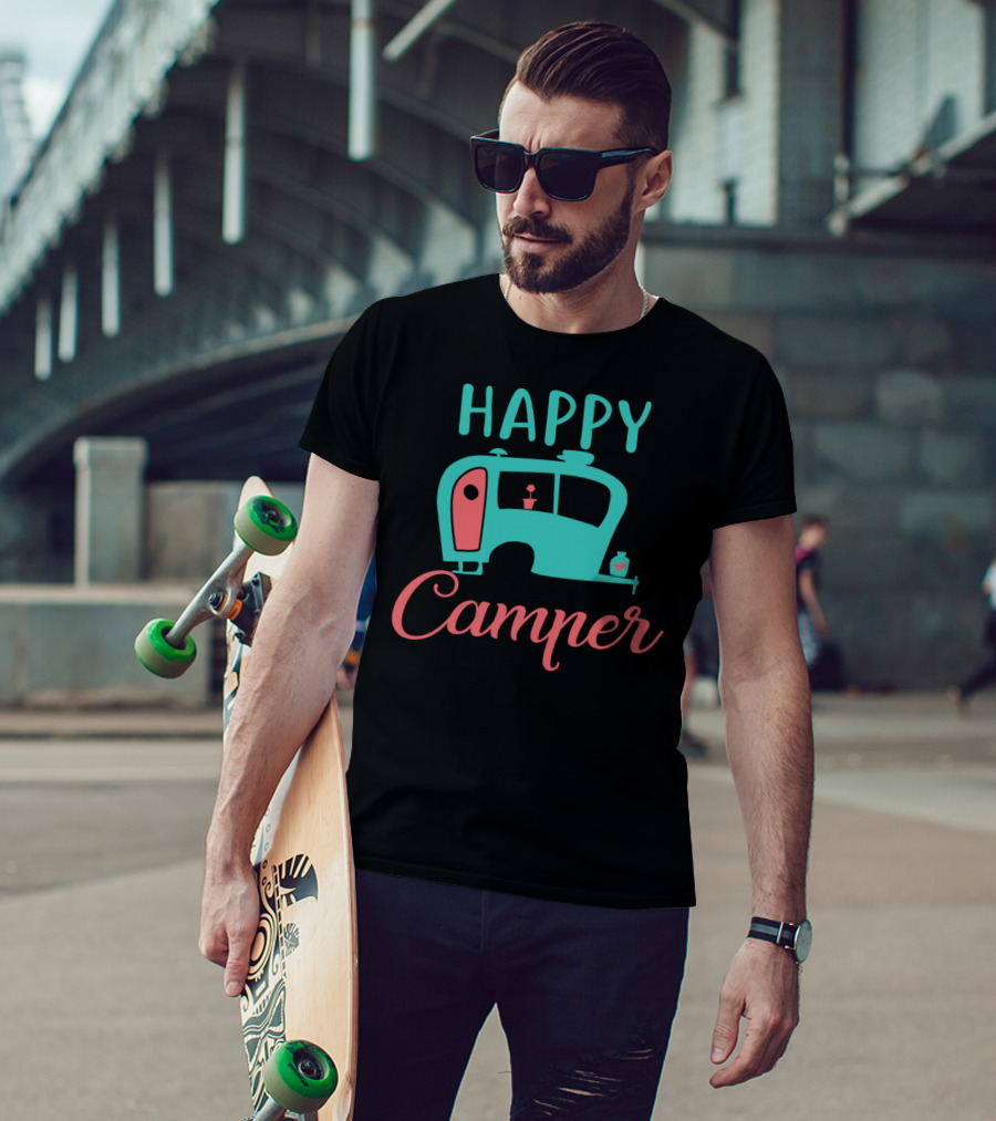 Happy Camper Retro Teal And Coral Vintage Camper T-Shirt