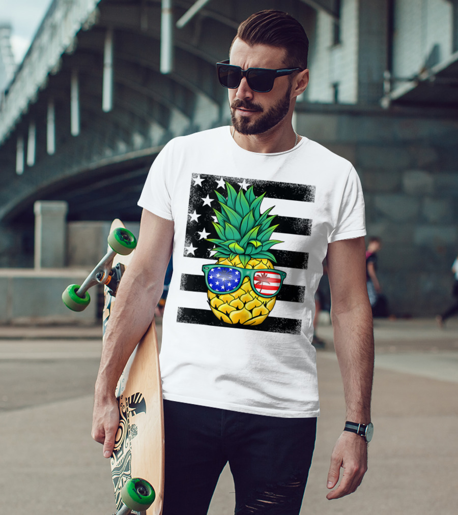 Hawaiian Pineapple With American Flag Sunglasses On Distressed Stars And Stripes Background T-Shirt