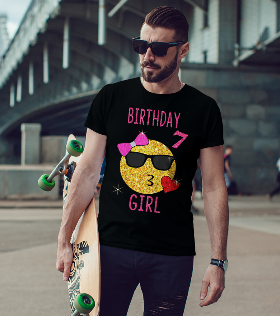 Birthday 7 Girl 7 Years Old Emoji Wearing Sunglasses Bow Heart T-Shirt