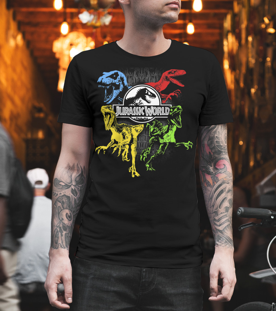 Jurassic World Raptors in Primary Colors Red Blue Yellow Green T-Shirt