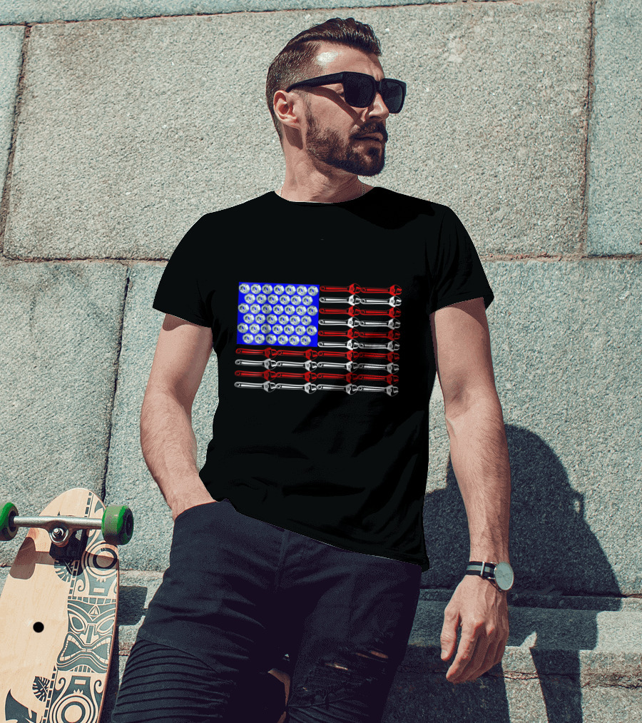 Mechanic Proud American Patriotic USA Flag With Wrenches And Nuts T-Shirt
