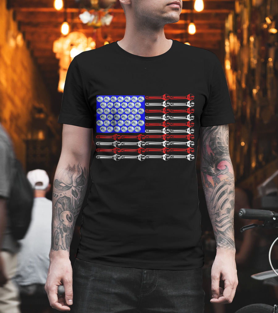 Mechanic Proud American Patriotic USA Flag with Wrenches and Nuts T-Shirt