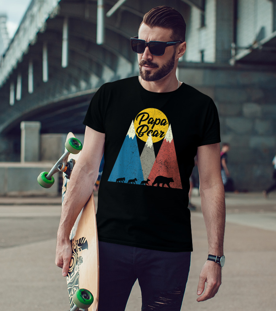 Papa Bear Three Cubs Mountains Retro Triplet Dad T-Shirt