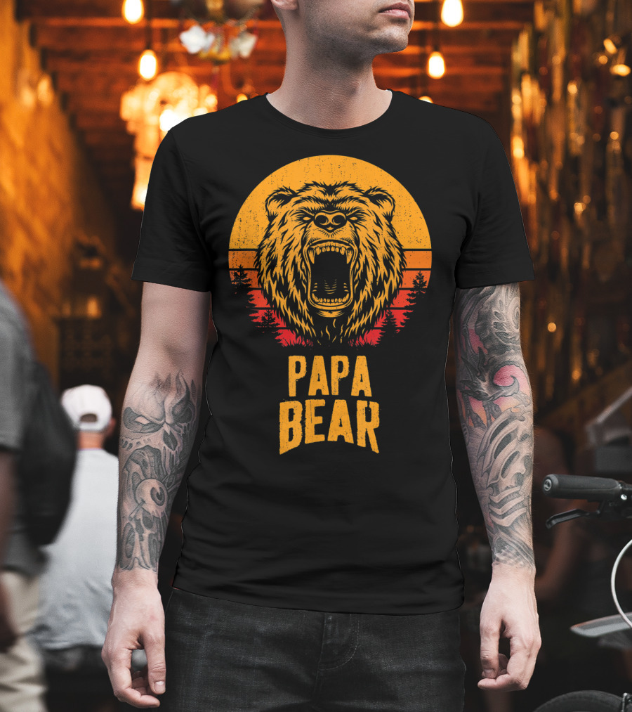 Papa Bear Father's Day Sunset Roaring Bear Forest Scene T-Shirt