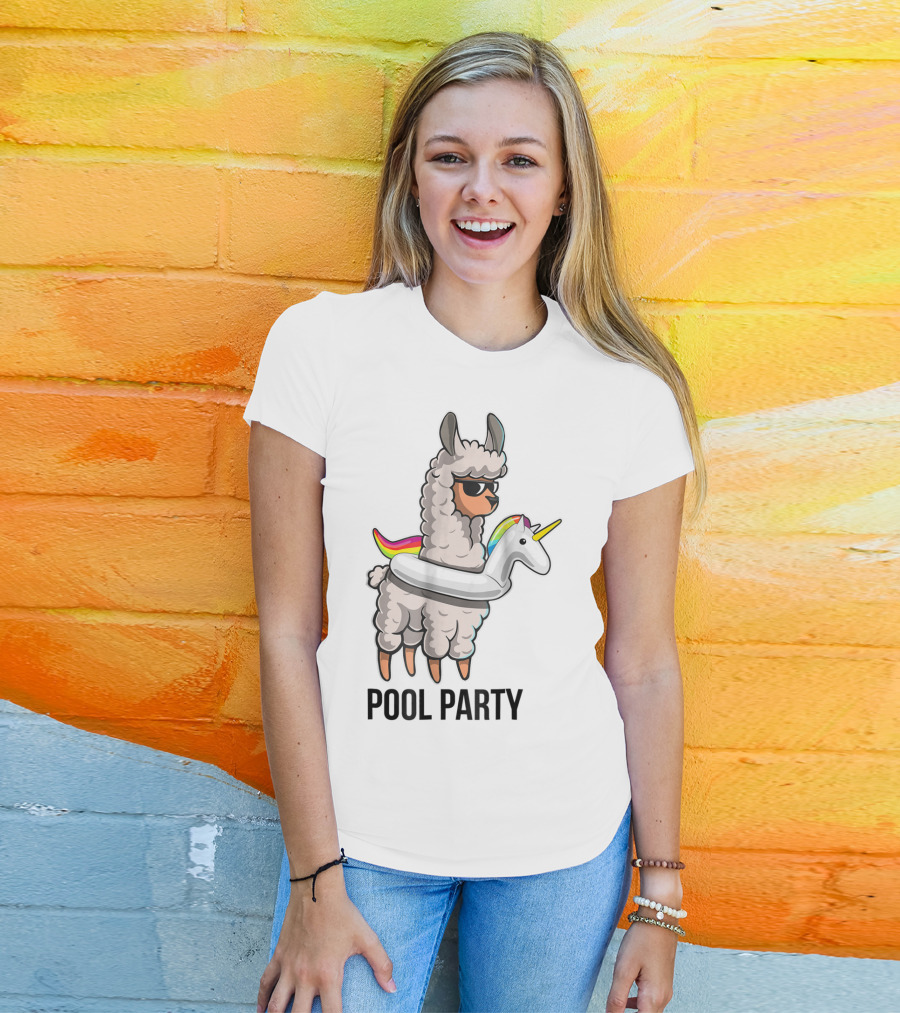 Pool Party Llama With Unicorn Float Funny Llama T-Shirt