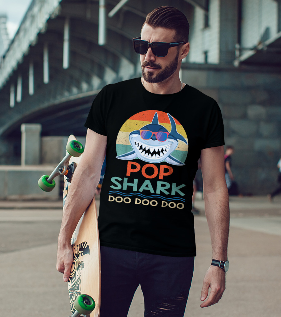 Pop Shark Doo Doo Doo Vintage Matching Fam Sunset Style Retro Sunglasses T-Shirt