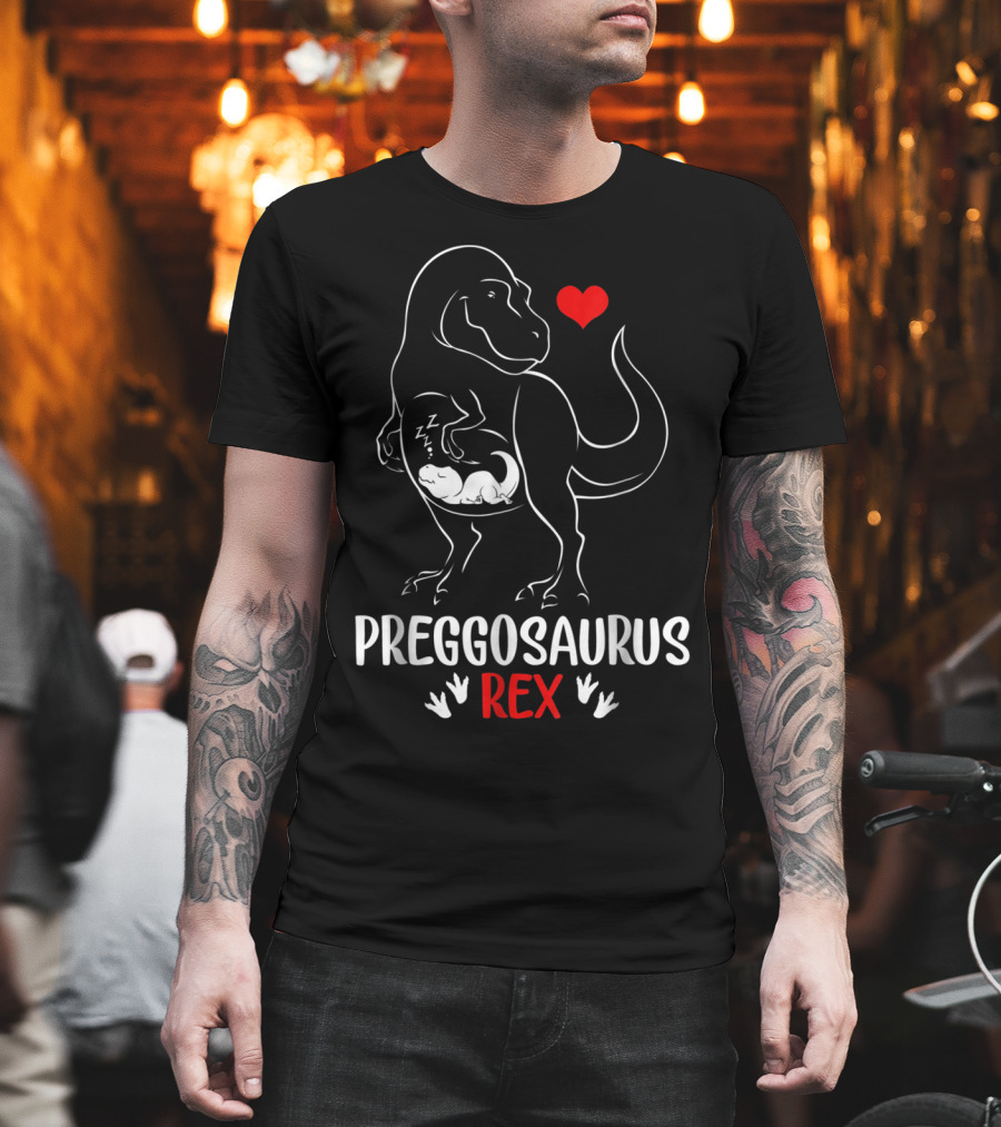 Pregosaurus Rex Heart Pregnant Mom Dinosaur with Baby T-Shirt