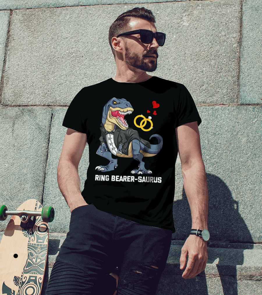 Rex Dinosaur Ring Bearer Saurus In Tuxedo With Wedding Rings And Hearts T-Shirt