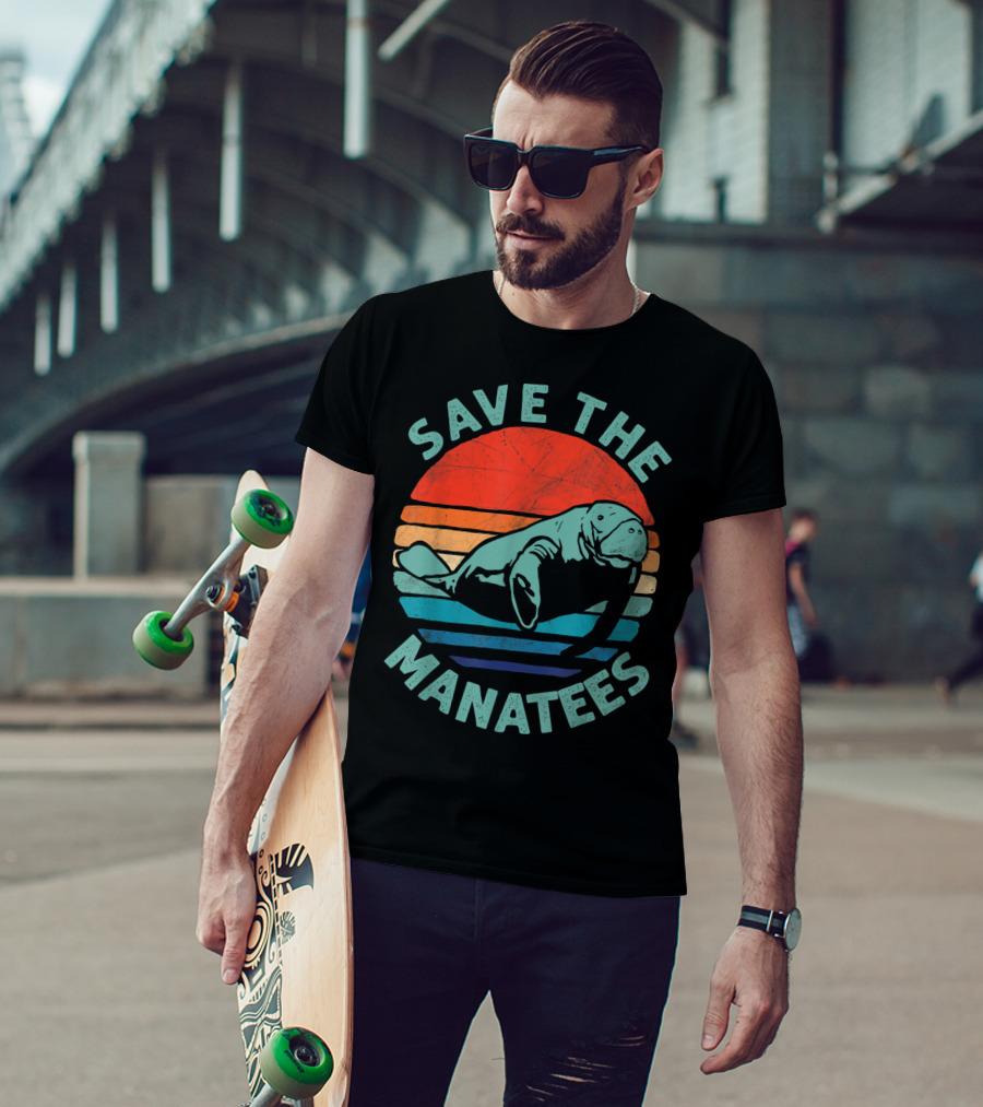 Save The Manatees Retro Stripes Sunset T-Shirt