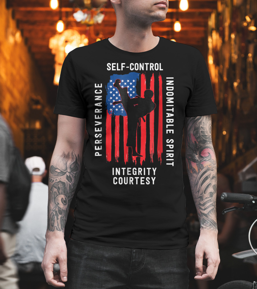 Taekwondo USA Flag Perseverance Courtesy Integrity Self-Control Indomitable Spirit T-Shirt