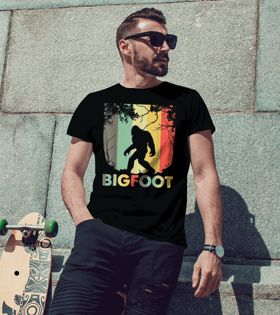 Bigfoot Silhouette Retro Forest Stripes T-Shirt