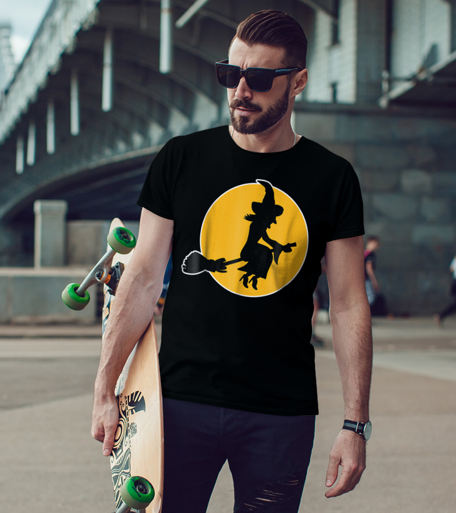 Witch Silhouette Flying Over Yellow Moon T-Shirt