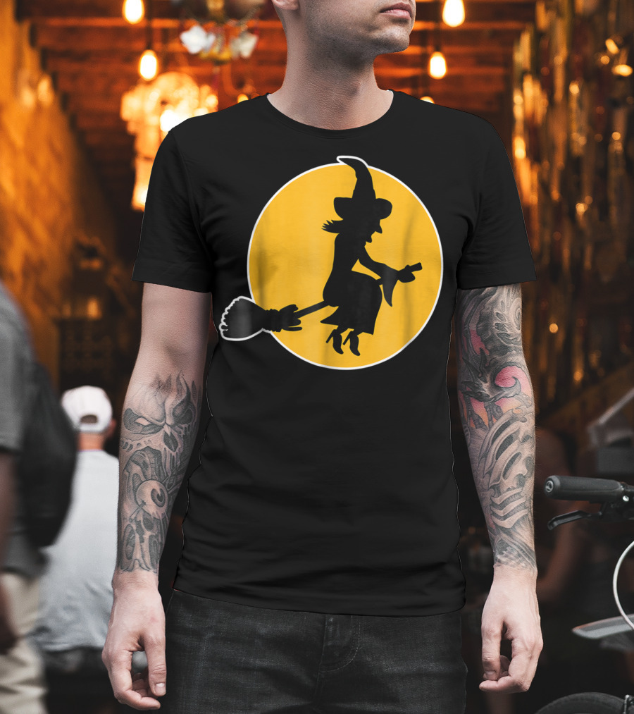 Witch Silhouette Flying Over Yellow Moon T-Shirt