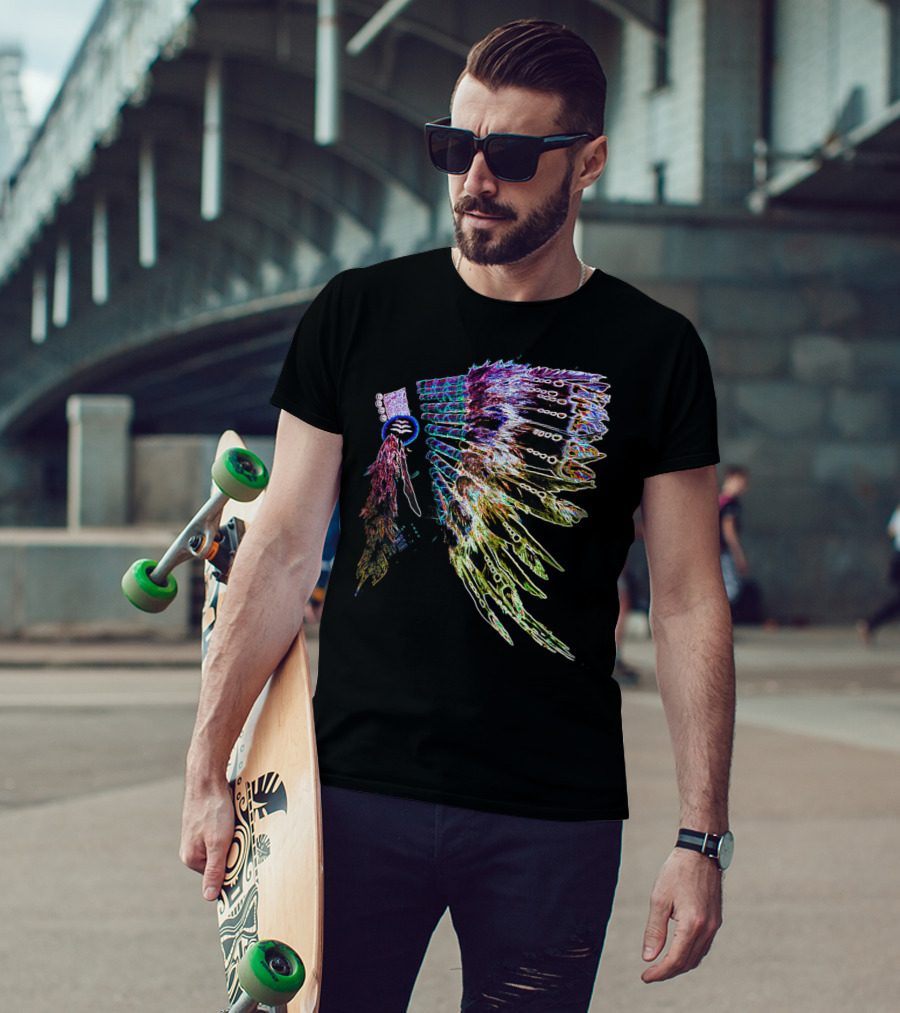 Native American Headdress Colorful Feather Neon T-Shirt
