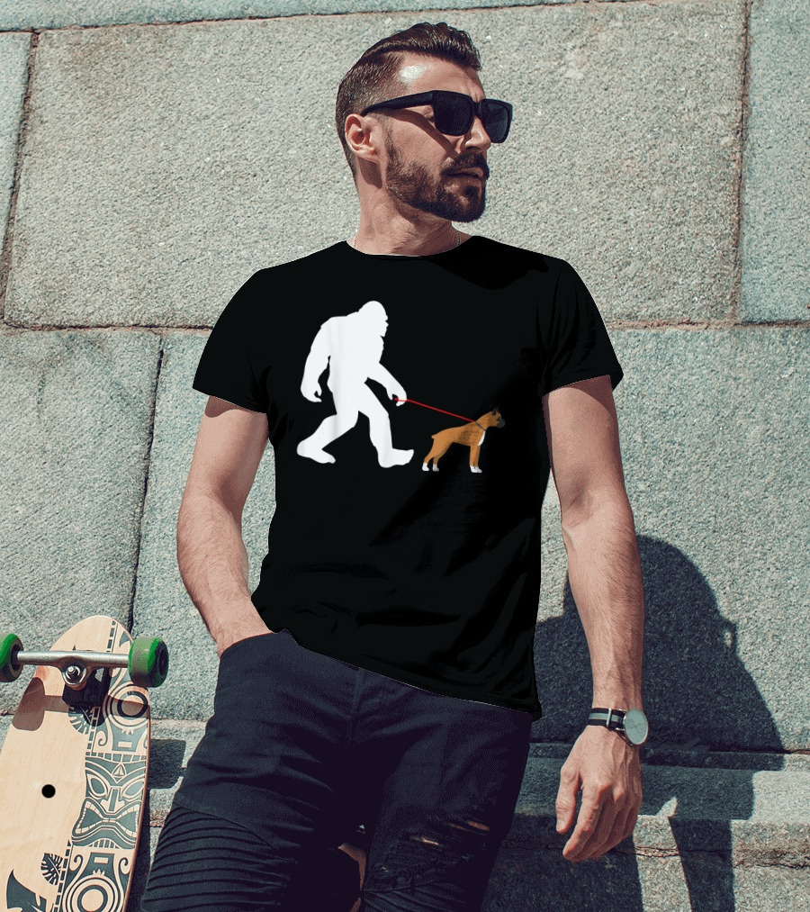Bigfoot Sasquatch Walking Boxer Dog Novelty T-Shirt