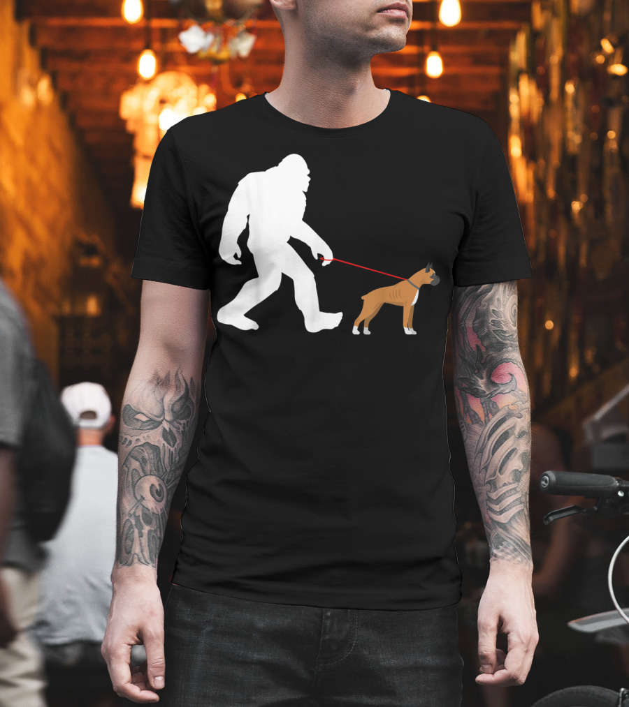 Bigfoot Sasquatch Walking Boxer Dog Novelty T-Shirt