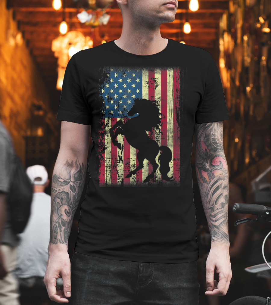 USA Patriotic Horse And American Flag T-Shirt