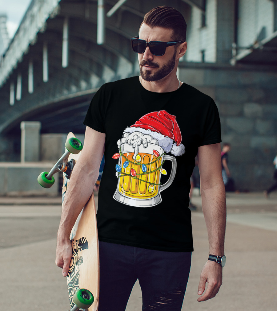 Beer Santa Hat Christmas Lights Holiday Cheer T-Shirt