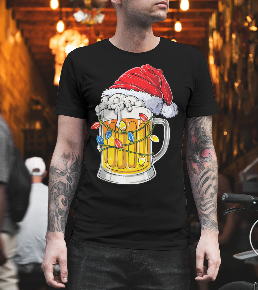 Beer Santa Hat Christmas Lights Holiday Cheer T-Shirt