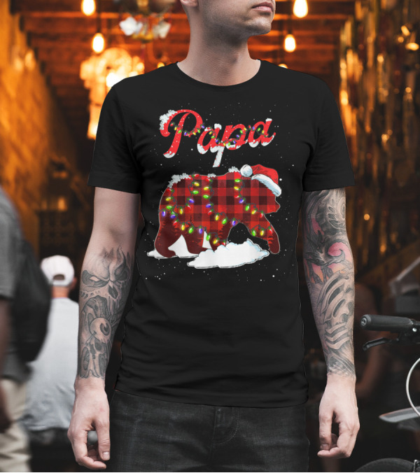 Papa Bear Red Plaid Christmas Lights and Santa Hat T-Shirt Papa Bear Red Plaid Christmas Lights and Santa Hat T-Shirt