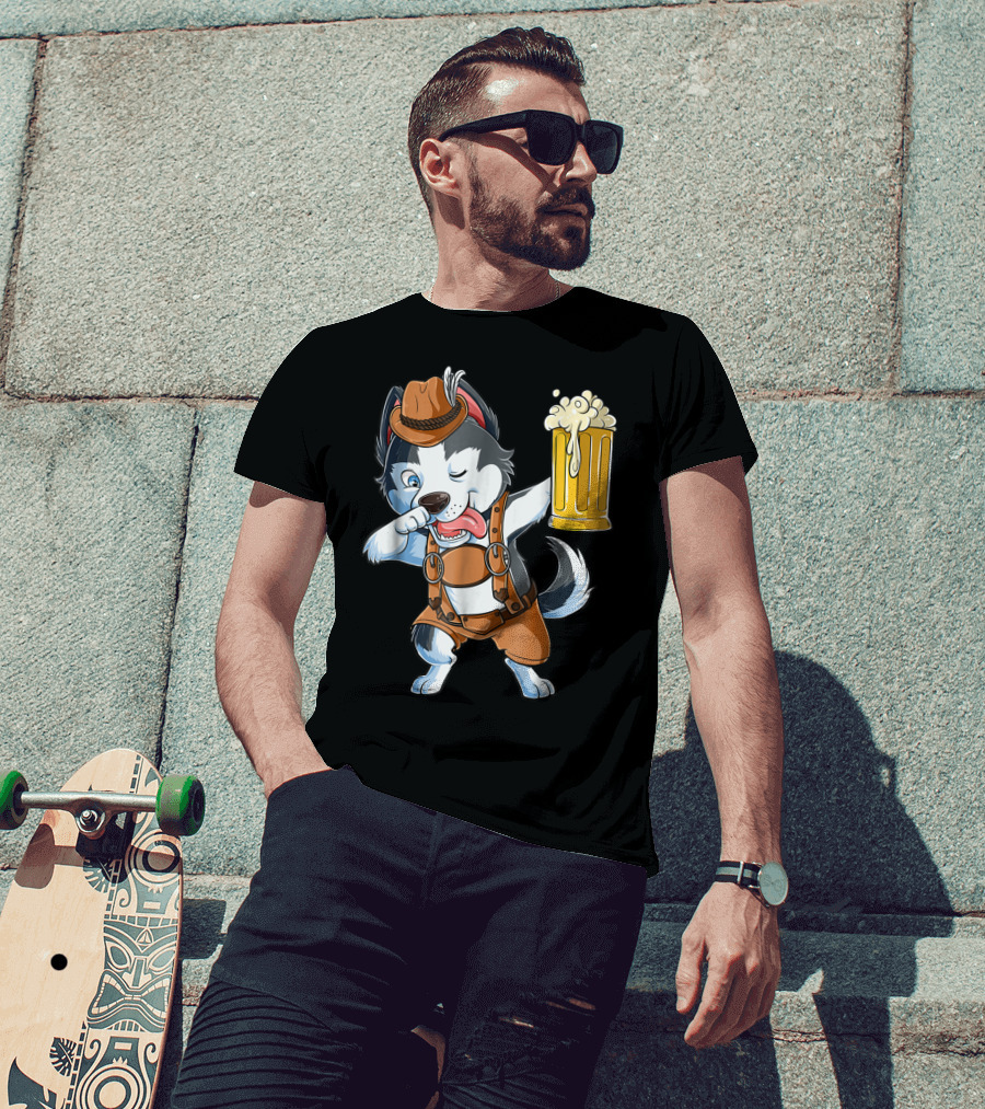 Dabbing Siberian Husky Oktoberfest Lederhosen Beer Mug T-Shirt