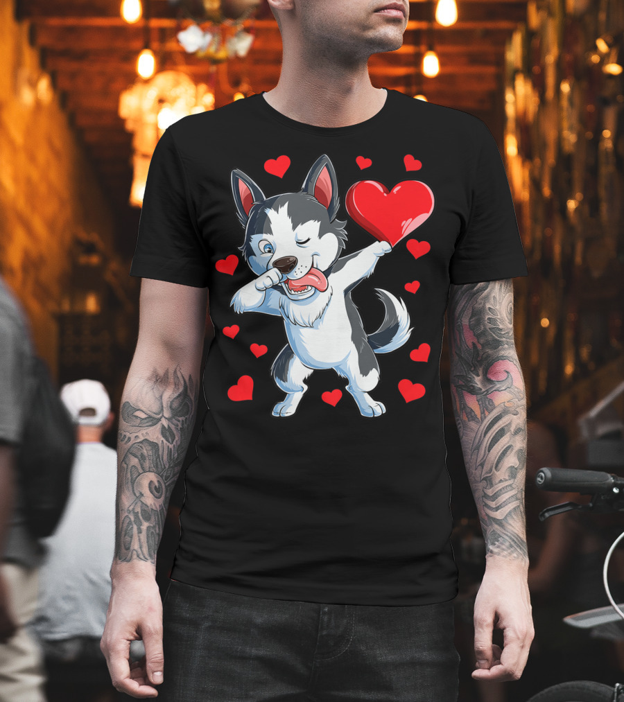 Dabbing Siberian Husky Holding Heart Surrounded by Red Valentine Hearts T-Shirt