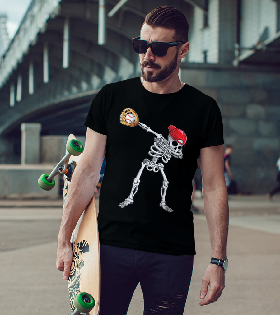 Dabbing Skeleton With Baseball Glove And Cap T-Shirt