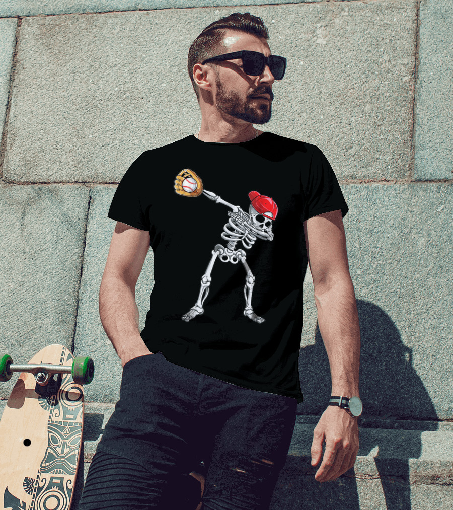 Dabbing Skeleton With Baseball Glove And Cap T-Shirt