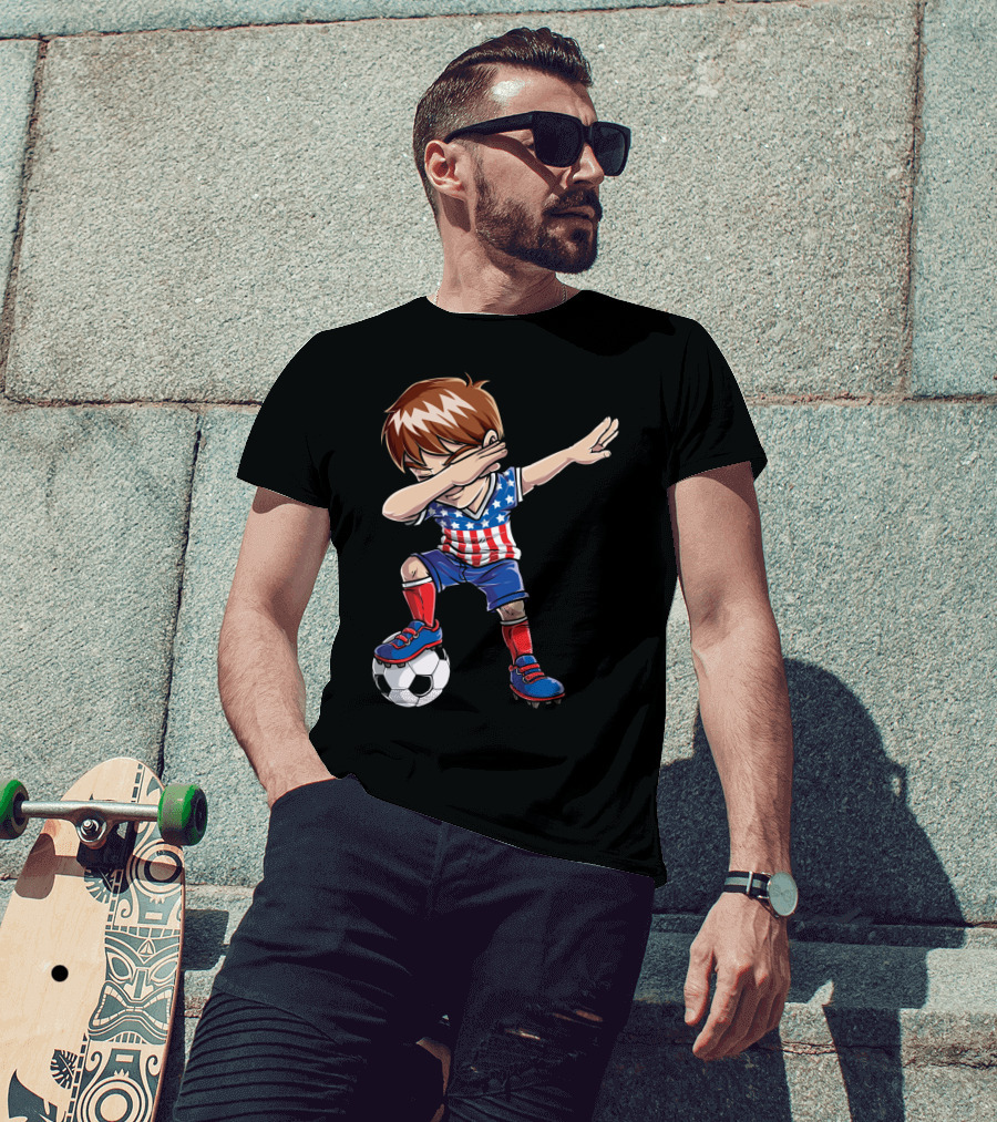 Dabbing Boy With Soccer Ball In American Flag Jersey T-Shirt