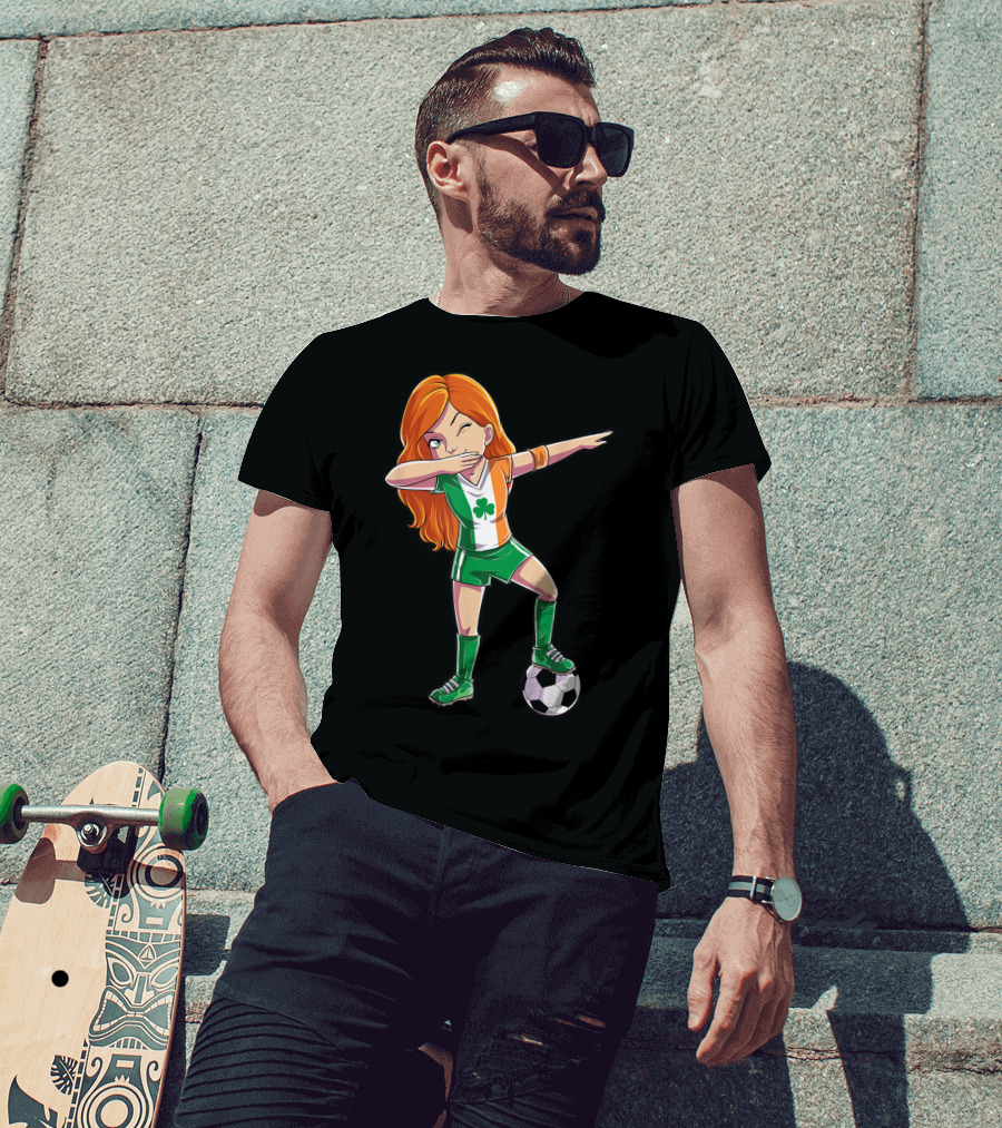 Dabbing Irish Soccer Girl With Shamrock Jersey And Football T-Shirt