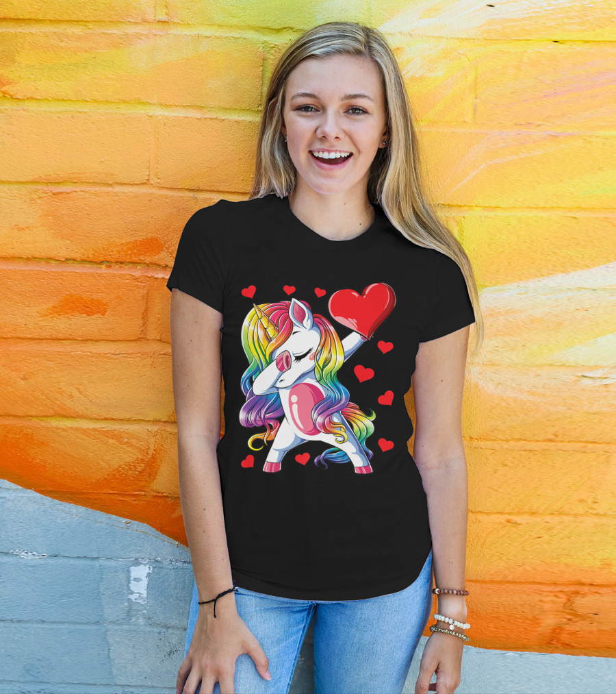 Valentine's Day Rainbow Dabbing Unicorn With Heart And Hearts T-Shirt