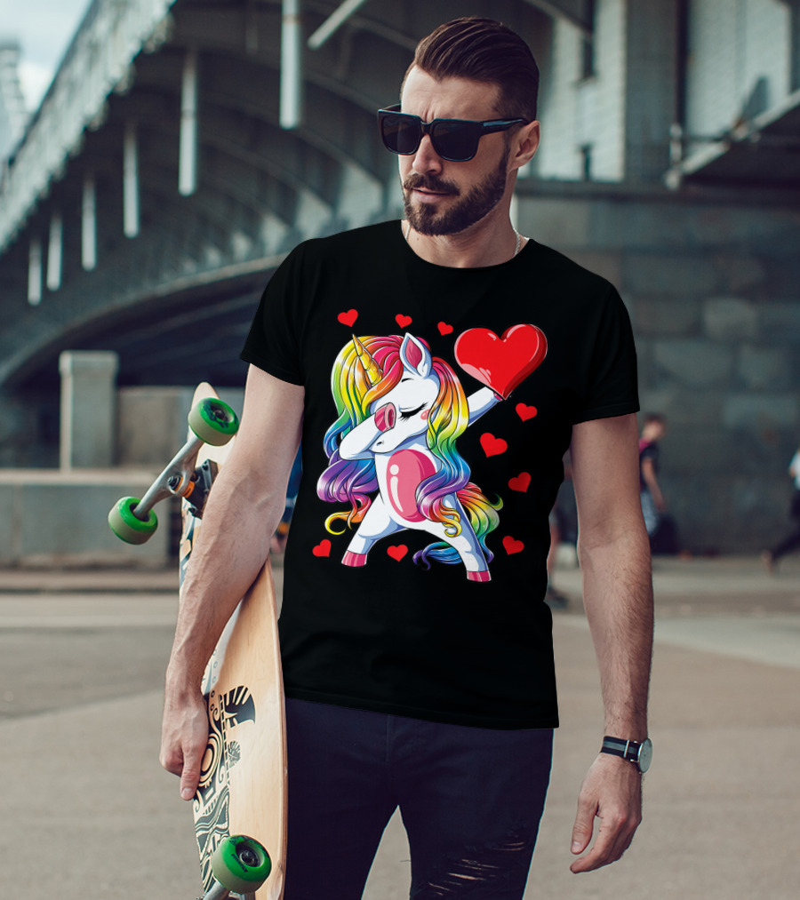 Valentine's Day Rainbow Dabbing Unicorn With Heart And Hearts T-Shirt